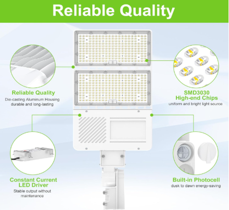 CIRC 200W–320W LED Shoebox Area Light 320W/240W/200W Selectable 5000K 100–277V Built-In Photocell A&N Bracket White
